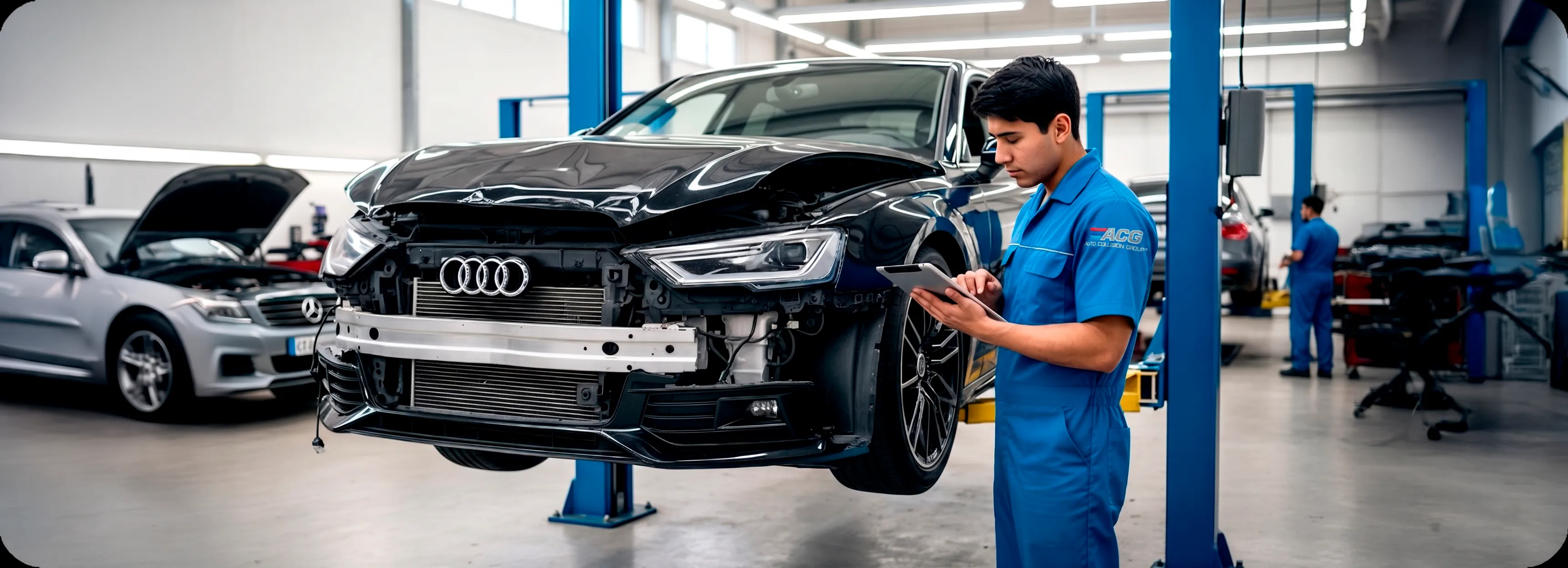 Técnico certificado realizando reparación de colisión en Auto Collision Group Bakersfield