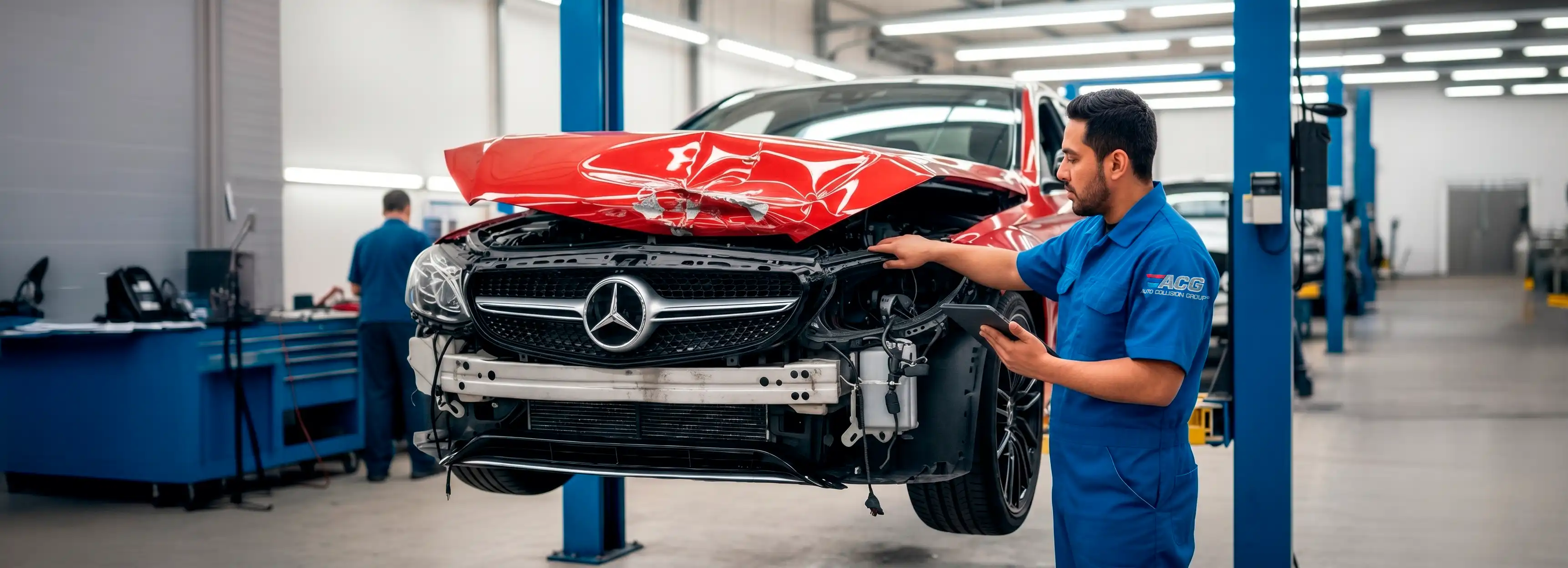 Técnico certificado realizando reparación de colisión en Auto Collision Group Bakersfield 2