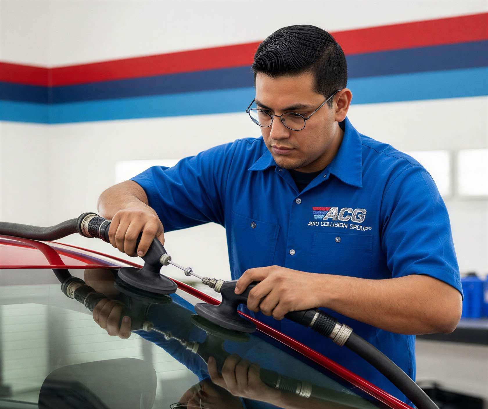 Técnico certificado realizando reemplazo de vidrios y parabrisas en Auto Collision Group Bakersfield 2