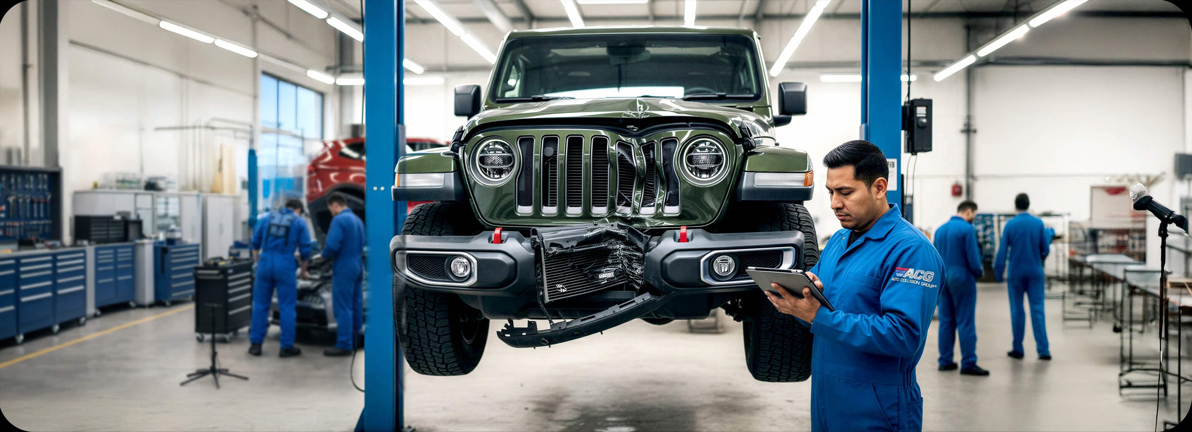 Técnico certificado realizando reparación de colisión en Auto Collision Group Covina