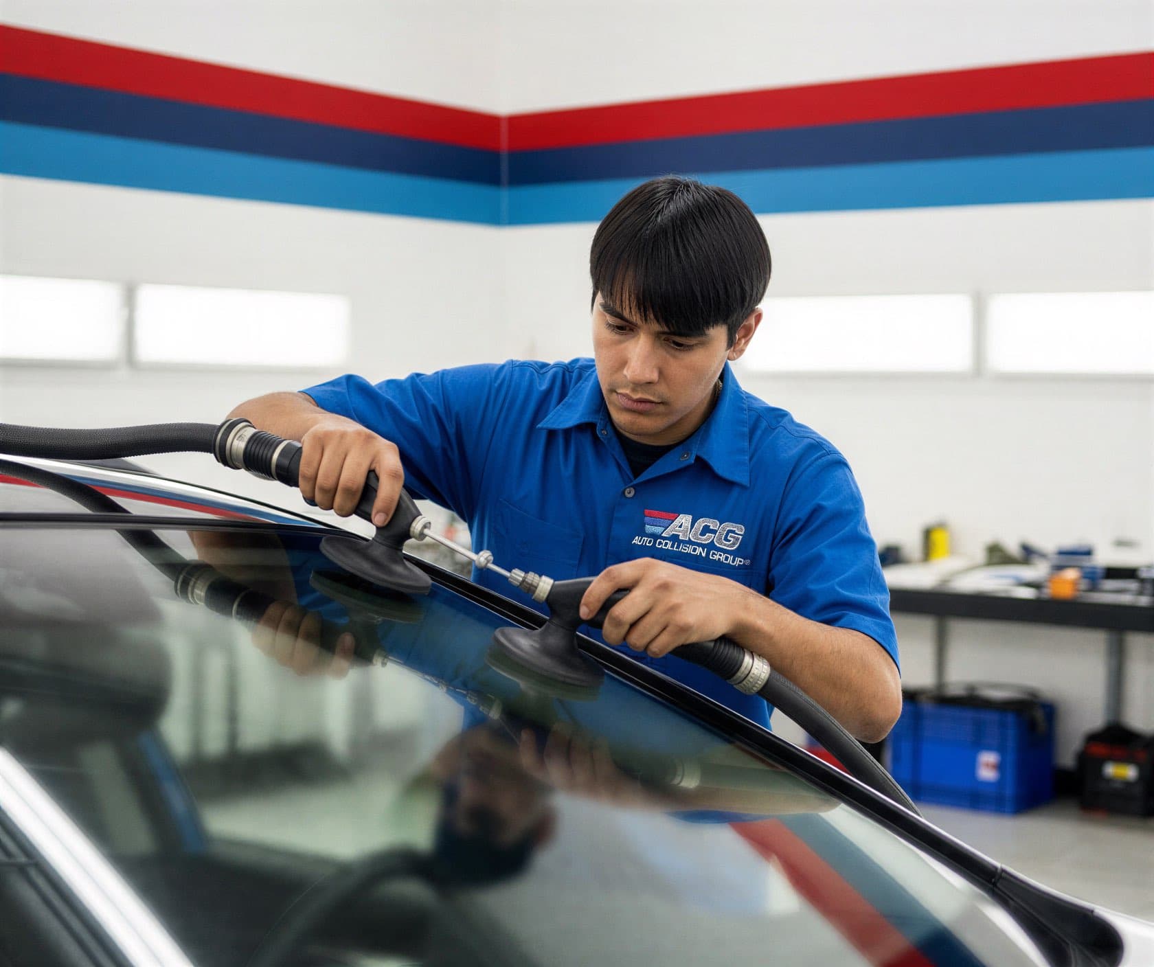 Certified technician performing auto glass and windshield replacement at Auto Collision Group El Cajon