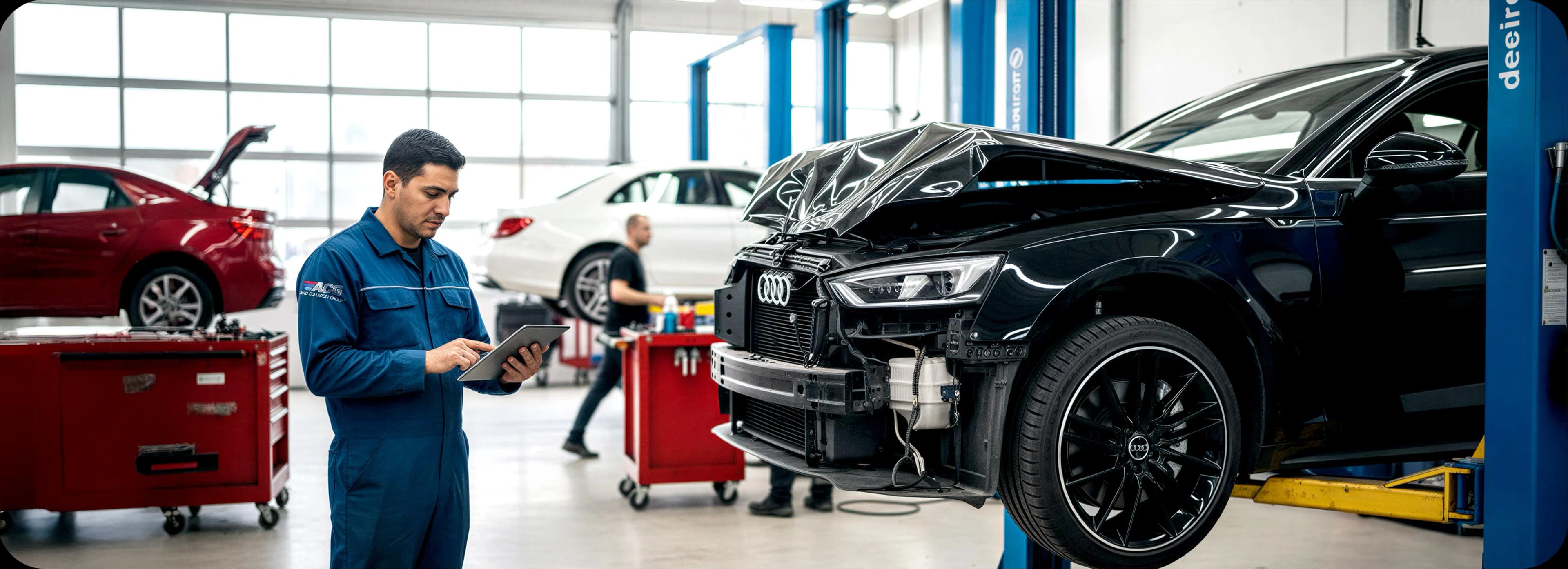 Técnico certificado realizando reparación de colisión en Auto Collision Group Gardena II