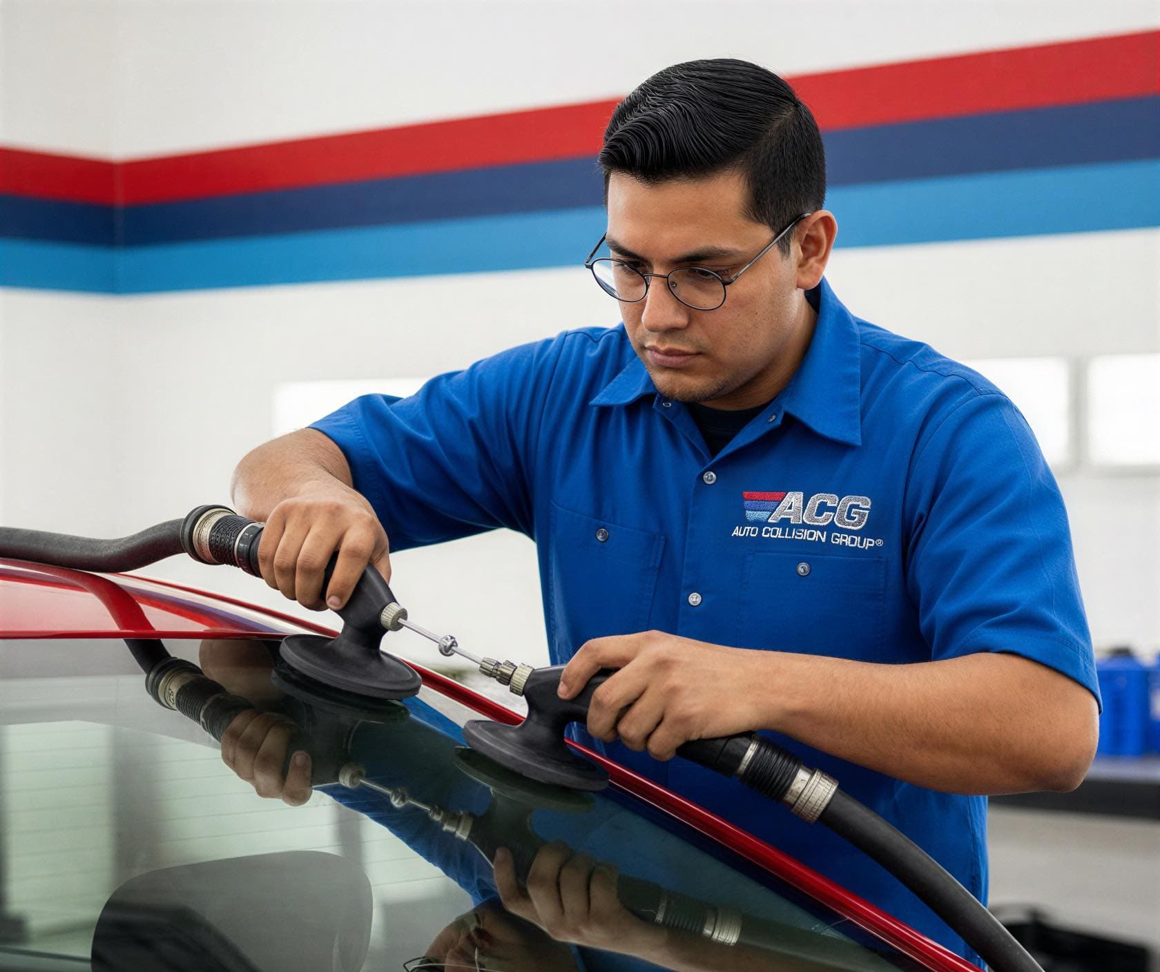 Técnico certificado realizando reemplazo de vidrios y parabrisas en Auto Collision Group Ontario