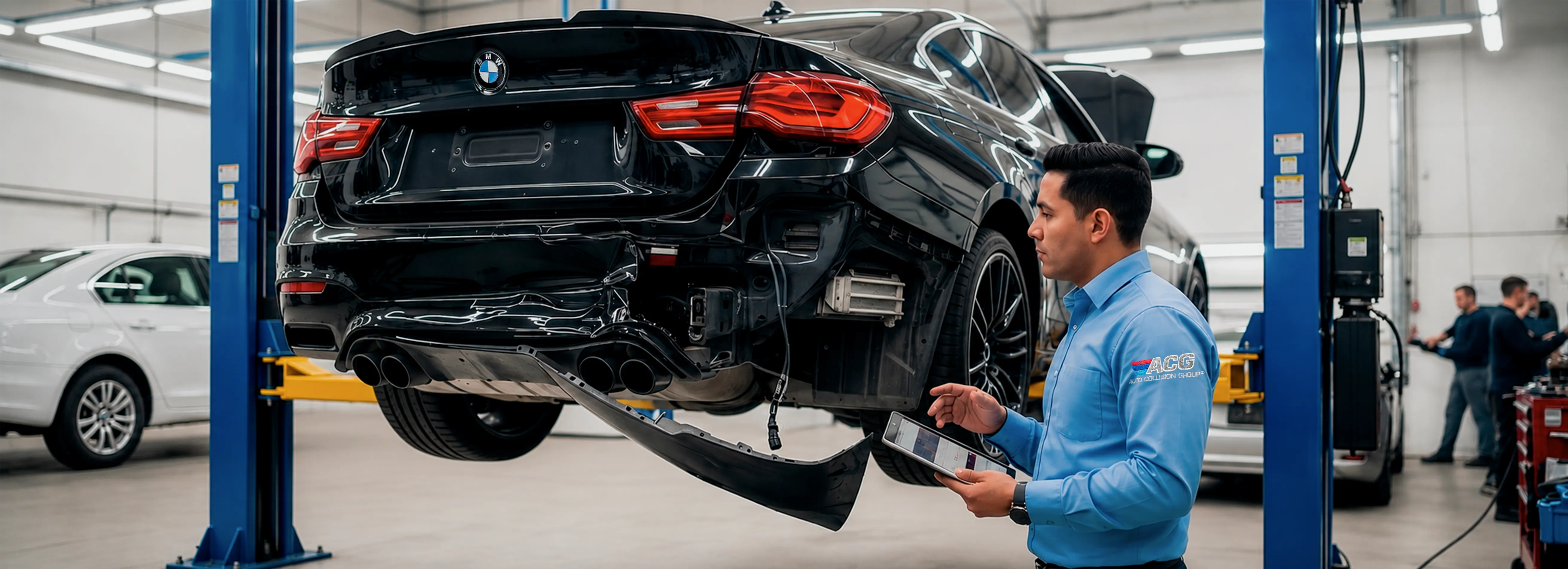 Técnico certificado realizando reparación de colisión en Auto Collision Group Santa Ana
