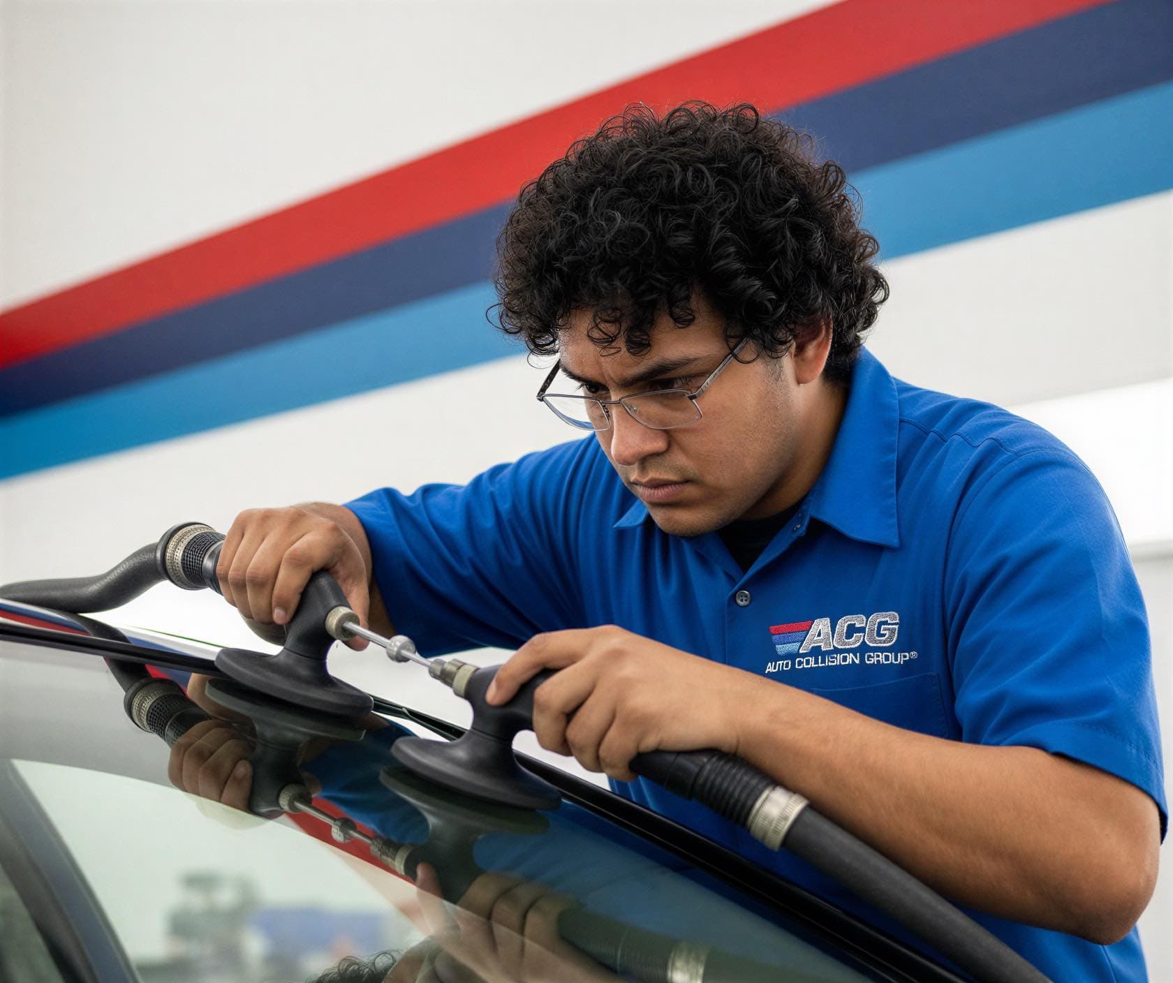 Técnico certificado realizando reemplazo de vidrios y parabrisas en Auto Collision Group Santa Ana
