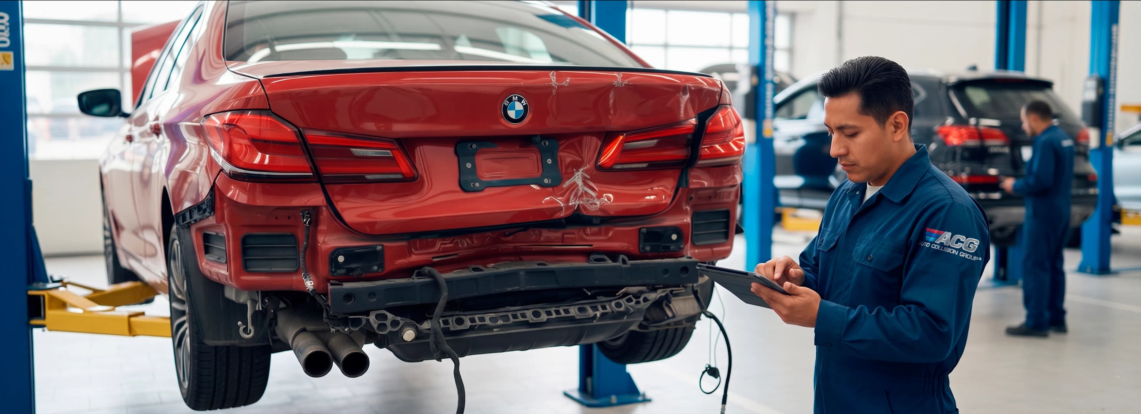 Técnico certificado realizando reparación de colisión en Auto Collision Group Victorville